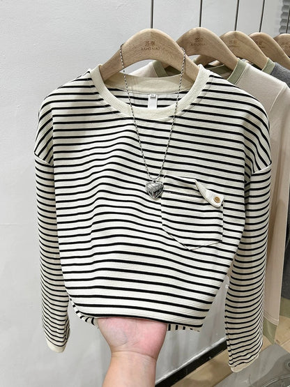 Striped right shoulder round neck long sleeve t-shirt for women autumn 2024 new design loose bottoming shirt with trendy top