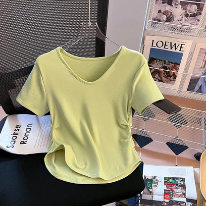Irregular curved hem short-sleeved T-shirt for women summer 2024 new style pinch waist design waist short v-neck top