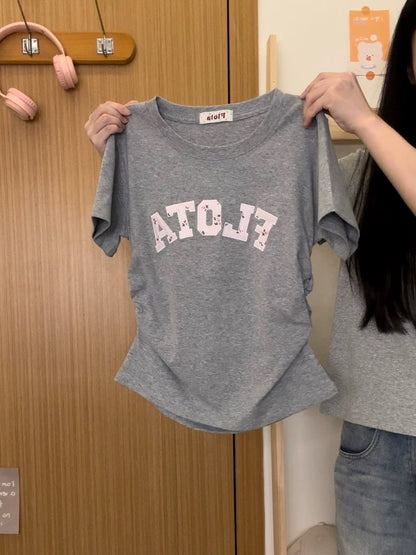 Cream Universe Embroidered Floral Letters Right Shoulder No Waist Short Sleeve T-Shirt Women's Japanese Style Short Top New Style