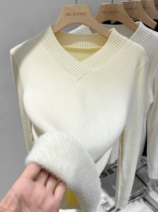 V-neck pullover sweater for women autumn and winter 2024 new outer wear slim short top plus velvet bottoming shirt for inner wear