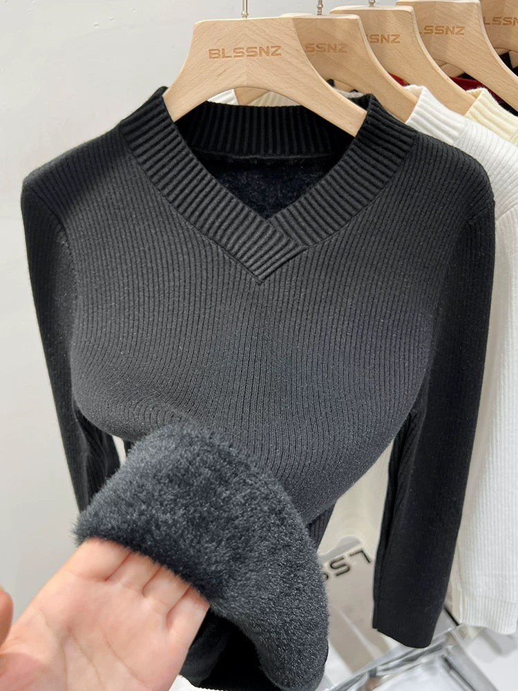 V-neck pullover sweater for women autumn and winter 2024 new outer wear slim short top plus velvet bottoming shirt for inner wear