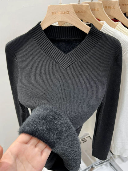 V-neck pullover sweater for women autumn and winter 2024 new outer wear slim short top plus velvet bottoming shirt for inner wear