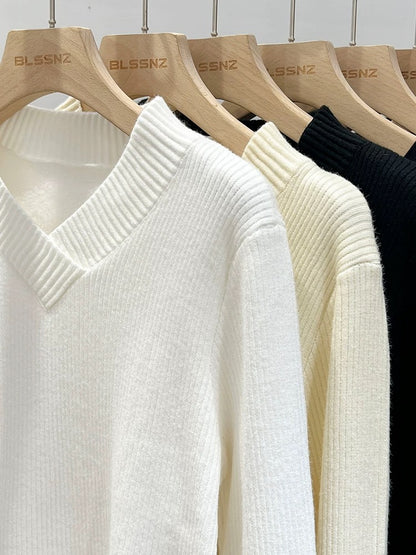 V-neck pullover sweater for women autumn and winter 2024 new outer wear slim short top plus velvet bottoming shirt for inner wear