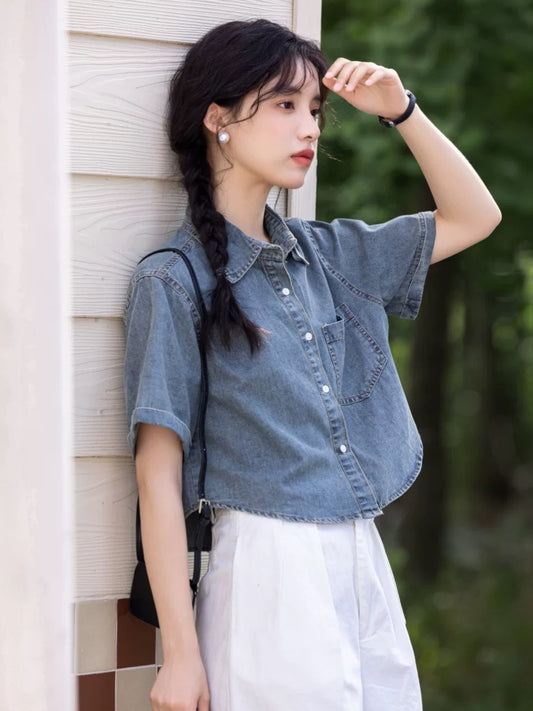 Retro Hong Kong style casual lapel denim shirt for women summer new style versatile fashion loose shirt temperament top trend