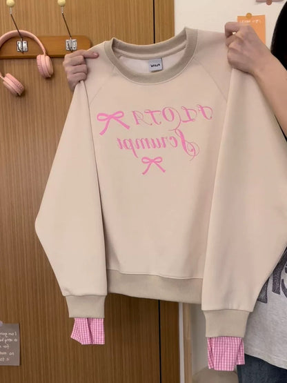 Cream Universe Simple Letter Fake Two Piece Long Sleeve Sweater Women's American College Style Top 2024 Winter New Style