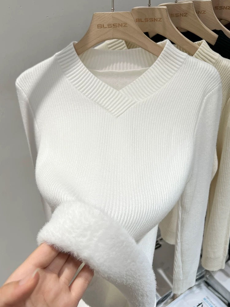V-neck pullover sweater for women autumn and winter 2024 new outer wear slim short top plus velvet bottoming shirt for inner wear