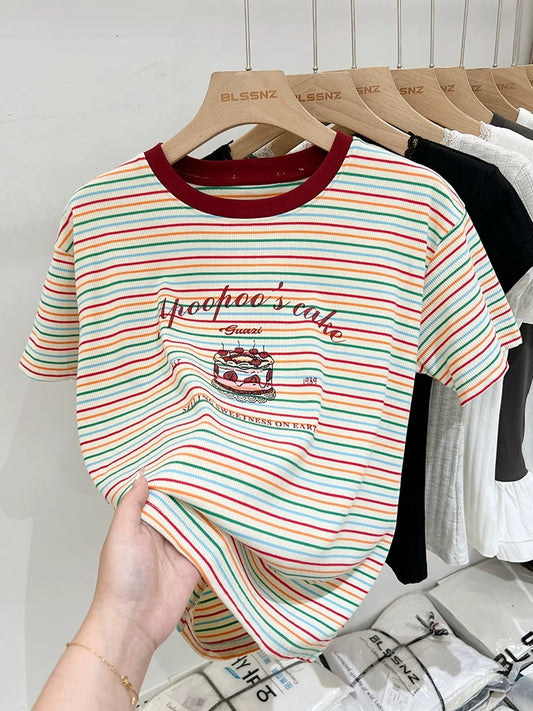 Pure cotton contrast striped short-sleeved T-shirt for women summer 2024 new design niche printed loose sweet top