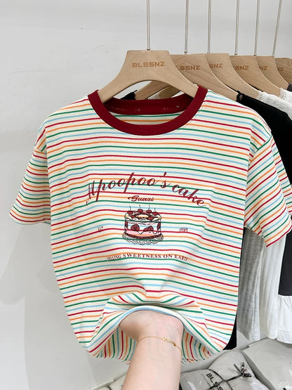 Pure cotton contrast striped short-sleeved T-shirt for women summer 2024 new design niche printed loose sweet top