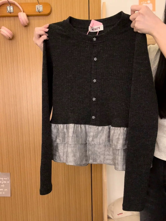 The universe of cream. Designed star button lace splicing knitted inner long-sleeved women's slim layering top.