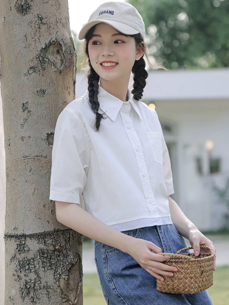 Simple design, niche contrast hem, chic tops for women, new summer short high waist shirts, temperament shirts