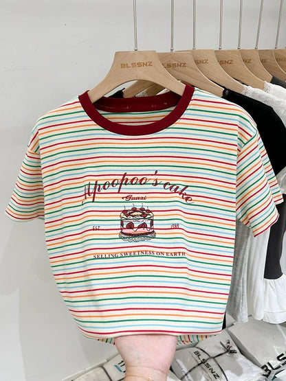 Pure cotton contrast striped short-sleeved T-shirt for women summer 2024 new design niche printed loose sweet top