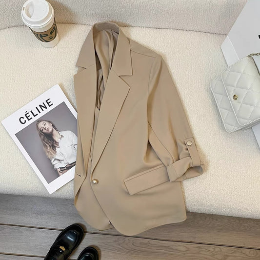 Khaki thin suit jacket for women 2025 summer new style high-end design niche temperament fashion suit trend