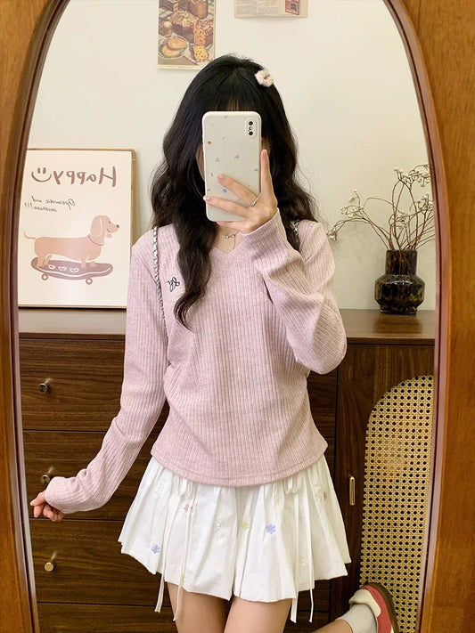 Cream Universe Embroidered V-neck pink sweater long-sleeved T-shirt for women, Japanese gentle style waist-cinching inner top