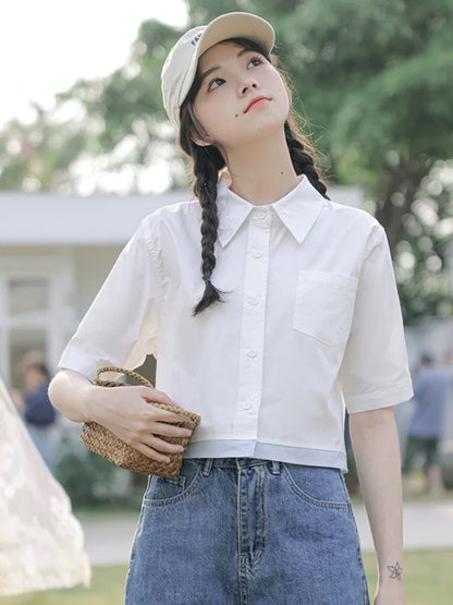 Simple design, niche contrast hem, chic tops for women, new summer short high waist shirts, temperament shirts