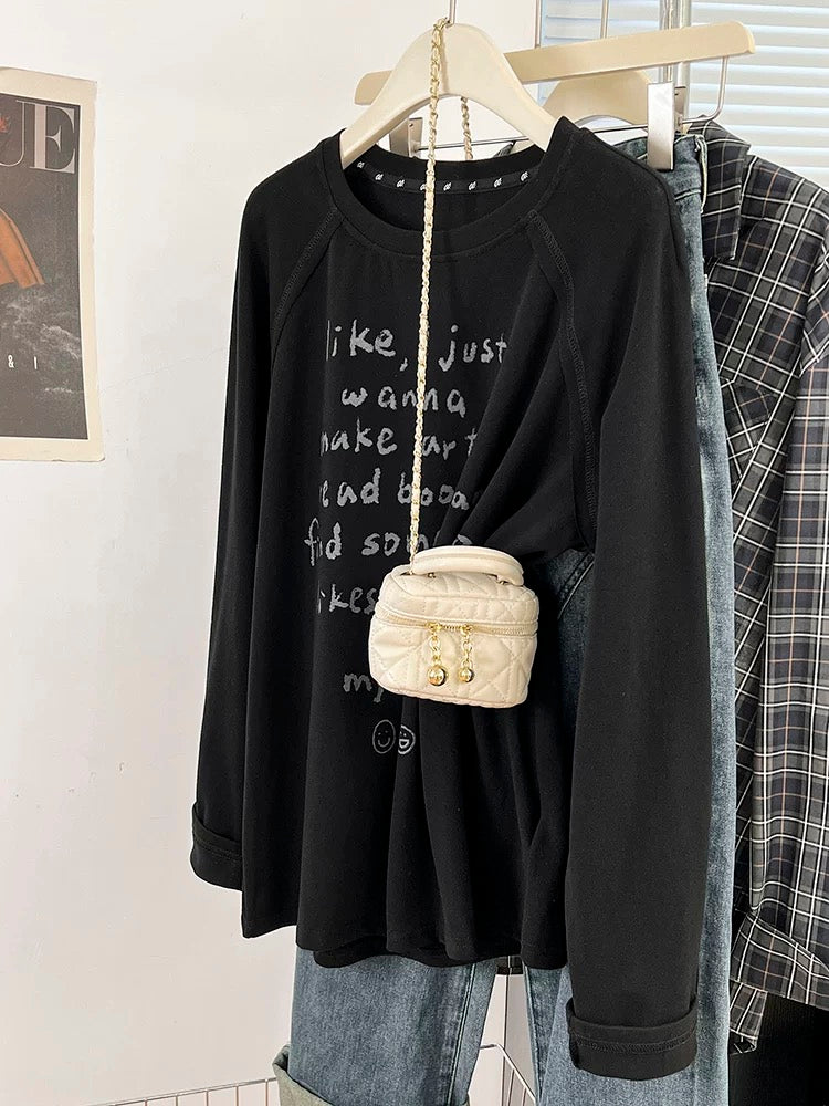 Beige letter printed round neck long-sleeved T-shirt for women 2024 autumn new design loose bottoming shirt with inner top