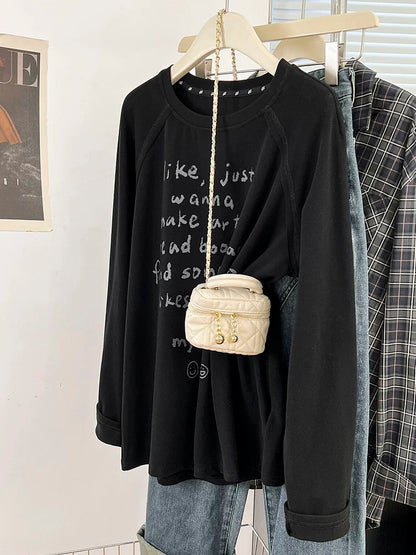 Beige letter printed round neck long-sleeved T-shirt for women 2024 autumn new design loose bottoming shirt with inner top