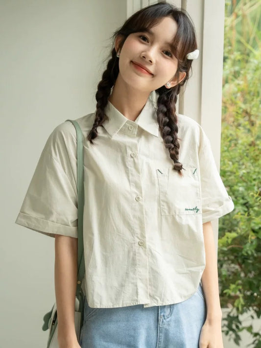 Korean loose casual embroidery versatile chic shirt design niche short-sleeved shirt tops women's summer new
