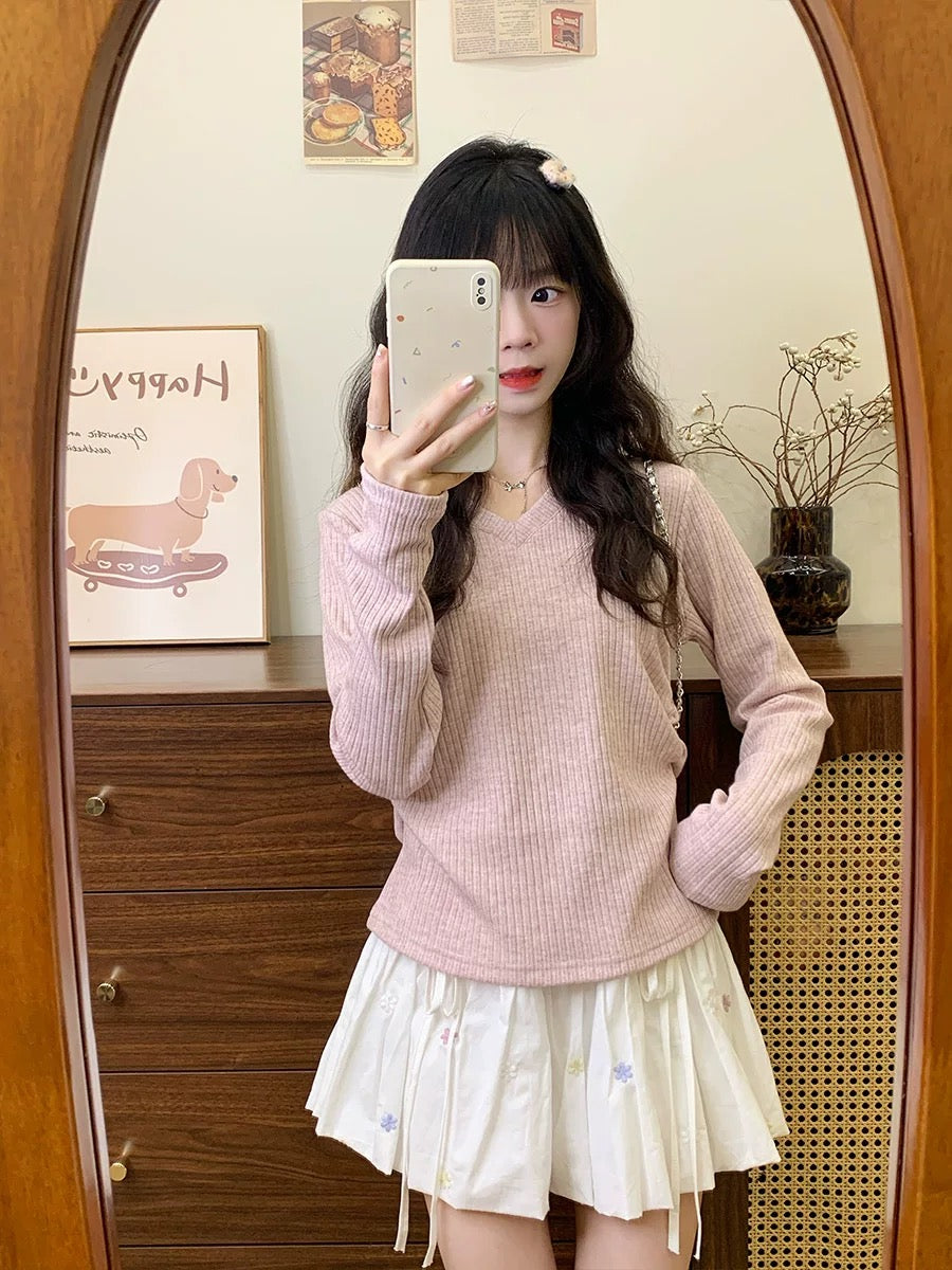 Cream Universe Embroidered V-neck pink sweater long-sleeved T-shirt for women, Japanese gentle style waist-cinching inner top