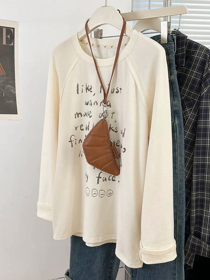 Beige letter printed round neck long-sleeved T-shirt for women 2024 autumn new design loose bottoming shirt with inner top