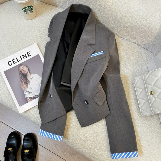Gray contrasting color design suit jacket for women 2025 spring and autumn new style college style casual trend all-match suit