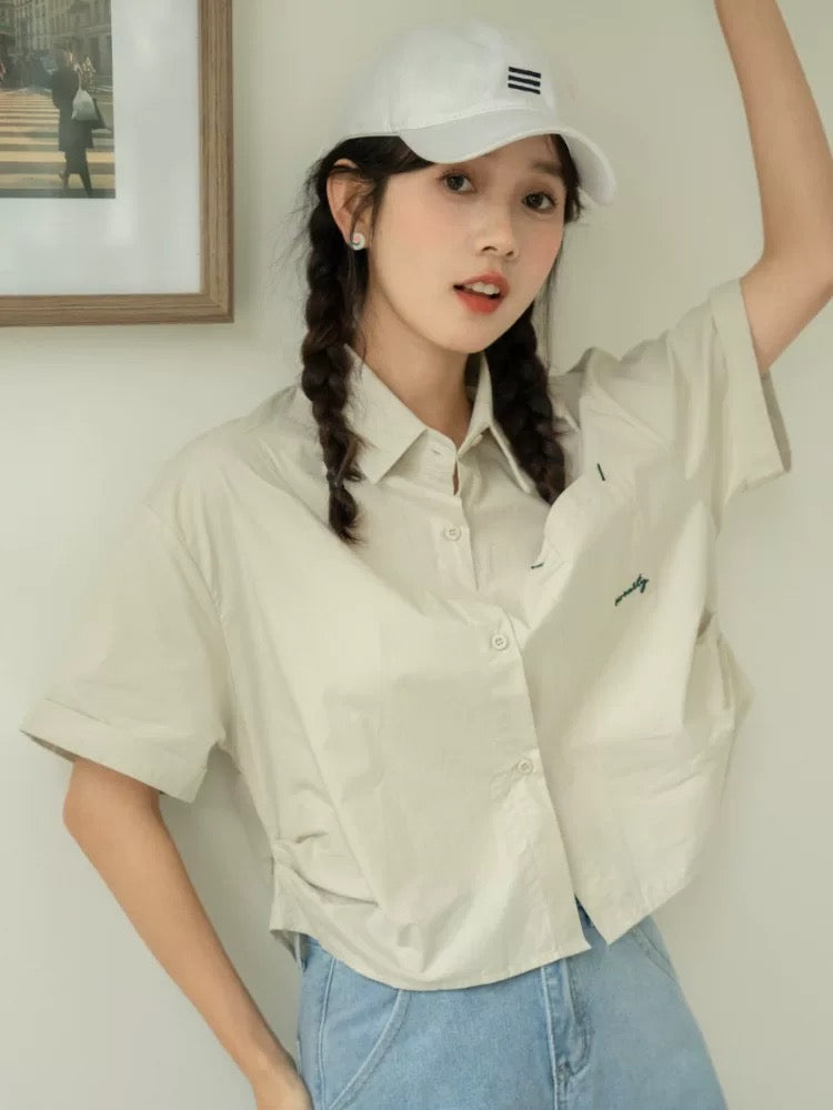 Korean loose casual embroidery versatile chic shirt design niche short-sleeved shirt tops women's summer new