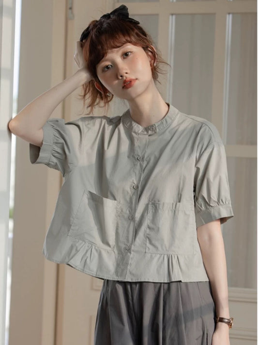 Japanese retro petite round neck short-sleeved shirt female 2025 summer new design bubble sleeve chic top