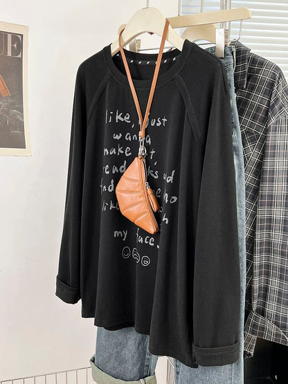Beige letter printed round neck long-sleeved T-shirt for women 2024 autumn new design loose bottoming shirt with inner top