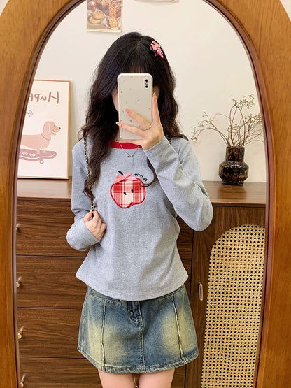 Cream Universe Appliqué embroidered apple bow inner long-sleeved T-shirt women's college style short top early autumn new style