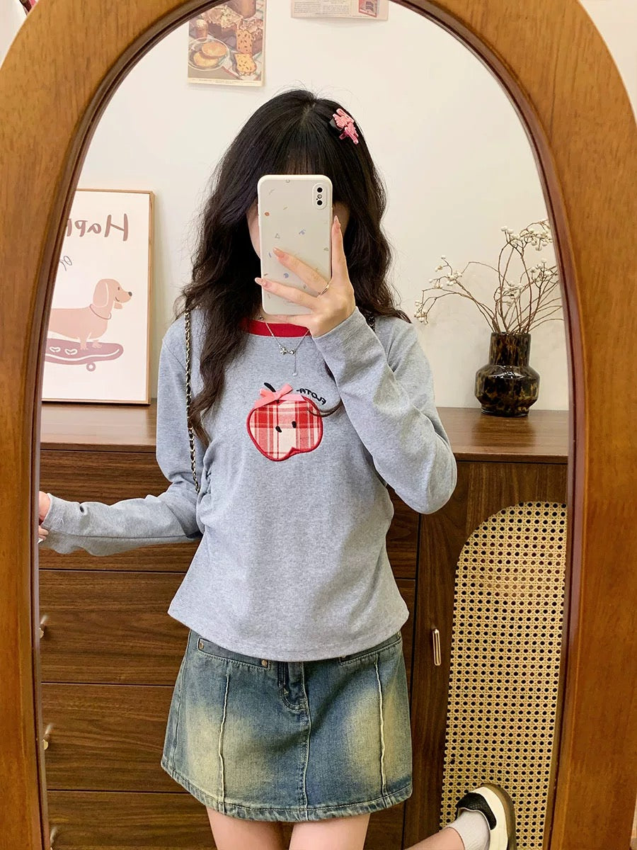 Cream Universe Appliqué embroidered apple bow inner long-sleeved T-shirt women's college style short top early autumn new style