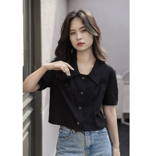 Black lapel short-sleeved shirt for women, new summer style, small shirt, design, niche, casual short tops, trendy