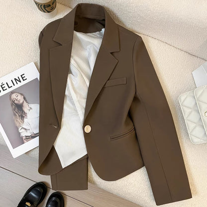 2025 Spring and Autumn New Brown Suit Jacket Women Korean Style Casual Retro Small High-end Short Suit