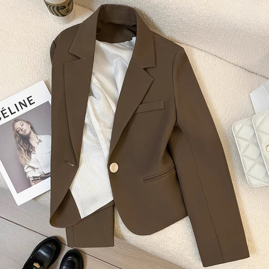 2025 Spring and Autumn New Brown Suit Jacket Women Korean Style Casual Retro Small High-end Short Suit