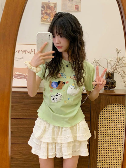 Cream Universe Flocked Dog Mint Green Front Shoulder Short Sleeve T-Shirt Women's White Short Fungus Top New Style