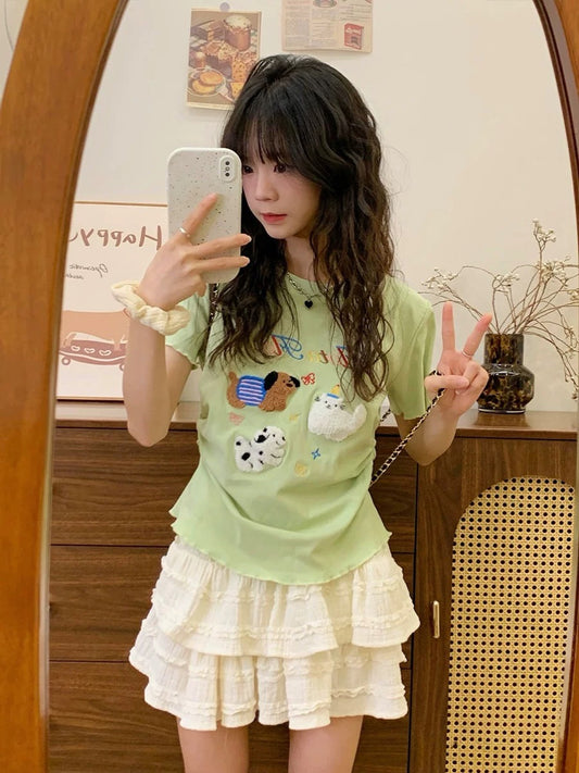 Cream Universe Flocked Dog Mint Green Front Shoulder Short Sleeve T-Shirt Women's White Short Fungus Top New Style