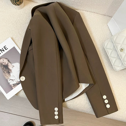 2025 Spring and Autumn New Brown Suit Jacket Women Korean Style Casual Retro Small High-end Short Suit
