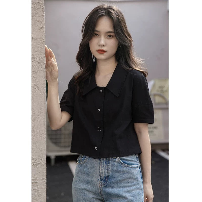Black lapel short-sleeved shirt for women, new summer style, small shirt, design, niche, casual short tops, trendy