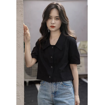 Black lapel short-sleeved shirt for women, new summer style, small shirt, design, niche, casual short tops, trendy