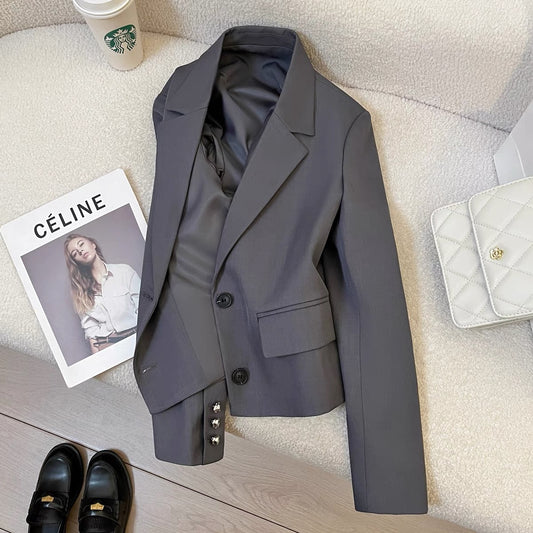 Blue-gray retro casual suit jacket for women, short style, 2025 autumn new style, high-end commuter suit