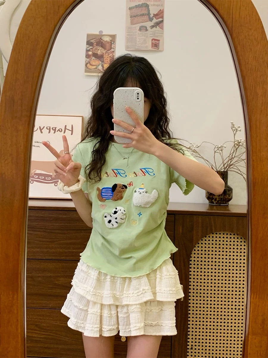 Cream Universe Flocked Dog Mint Green Front Shoulder Short Sleeve T-Shirt Women's White Short Fungus Top New Style