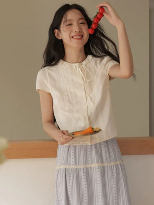 Retro design lace lace chic tops for women summer new style sweet small slim fit shirt trend