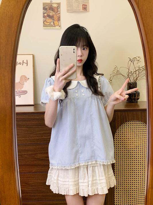 Cream Universe Blue Plaid Lace Doll Shirt Short Sleeve T-shirt Female Sweet Girl Age Reducing Puff Sleeve Top New Style