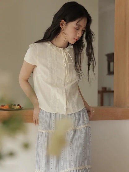 Retro design lace lace chic tops for women summer new style sweet small slim fit shirt trend