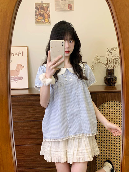 Cream Universe Blue Plaid Lace Doll Shirt Short Sleeve T-shirt Female Sweet Girl Age Reducing Puff Sleeve Top New Style