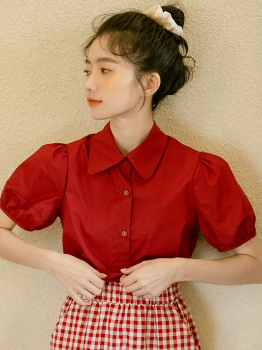 French style high-end and beautiful temperament tops for women summer 2025 new retro red puff sleeve shirts