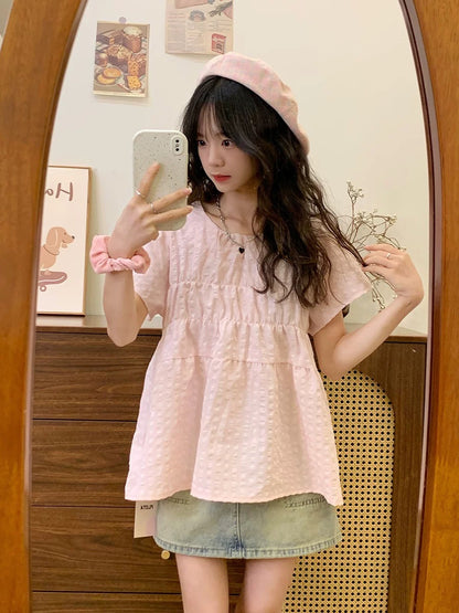 Creamy universe pink plaid doll shirt short-sleeved shirt for women Japanese sweet girl style small flying sleeve top new style