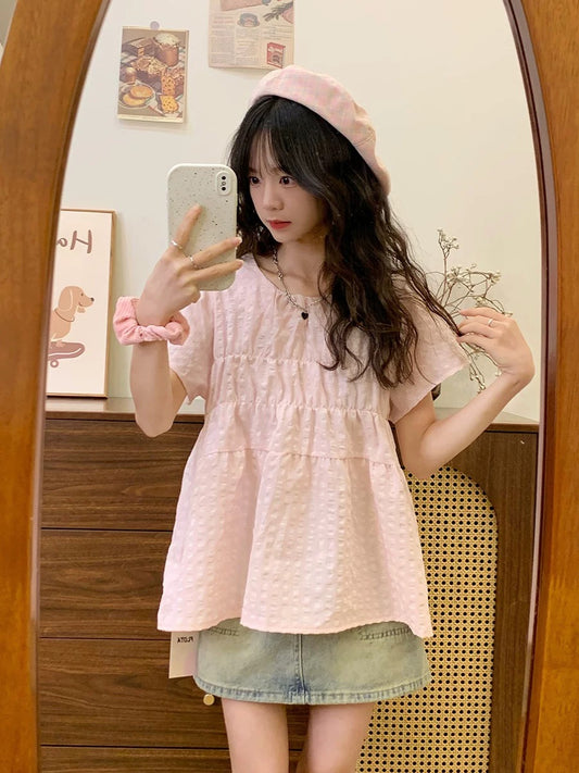 Creamy universe pink plaid doll shirt short-sleeved shirt for women Japanese sweet girl style small flying sleeve top new style