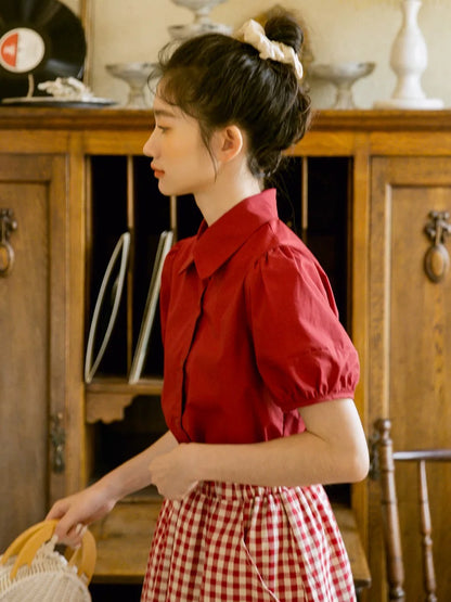 French style high-end and beautiful temperament tops for women summer 2025 new retro red puff sleeve shirts