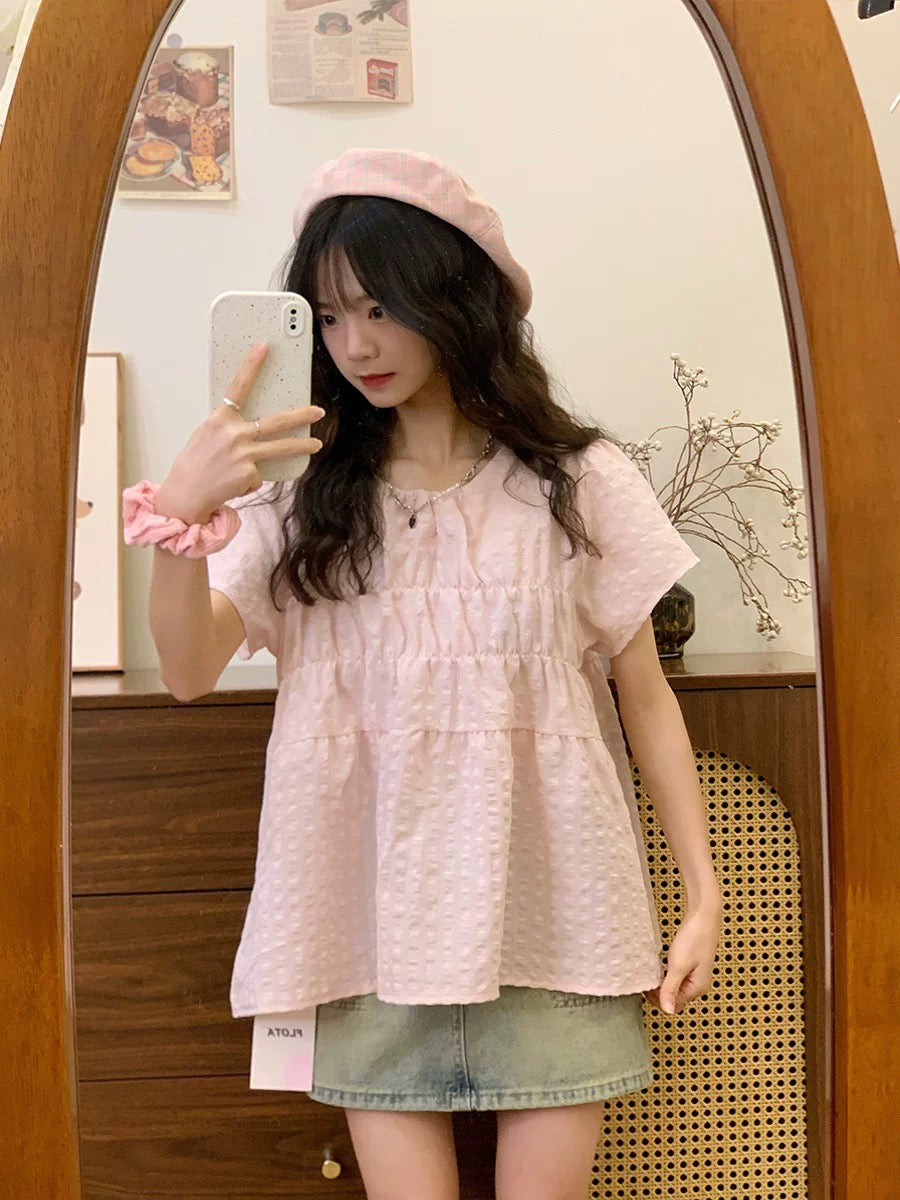 Creamy universe pink plaid doll shirt short-sleeved shirt for women Japanese sweet girl style small flying sleeve top new style