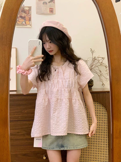 Creamy universe pink plaid doll shirt short-sleeved shirt for women Japanese sweet girl style small flying sleeve top new style