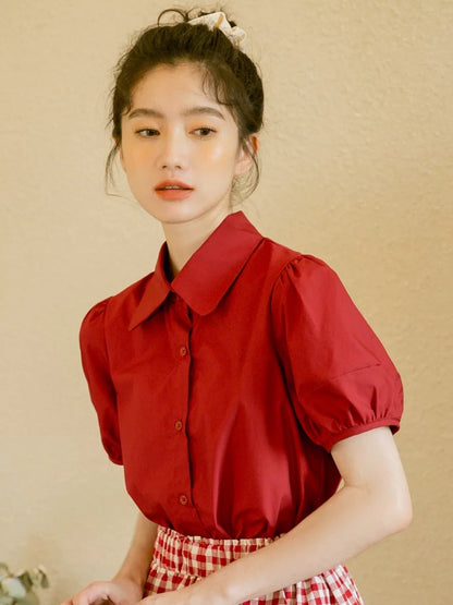 French style high-end and beautiful temperament tops for women summer 2025 new retro red puff sleeve shirts